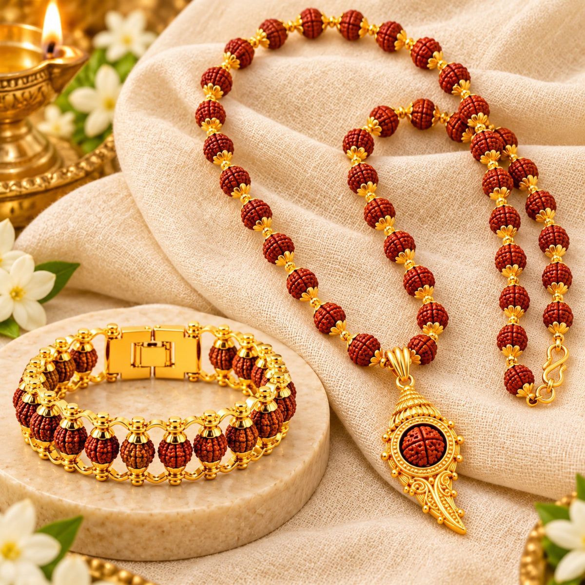 Rudraksha Kavach Mala and Rudraksha Bracelet combo product display