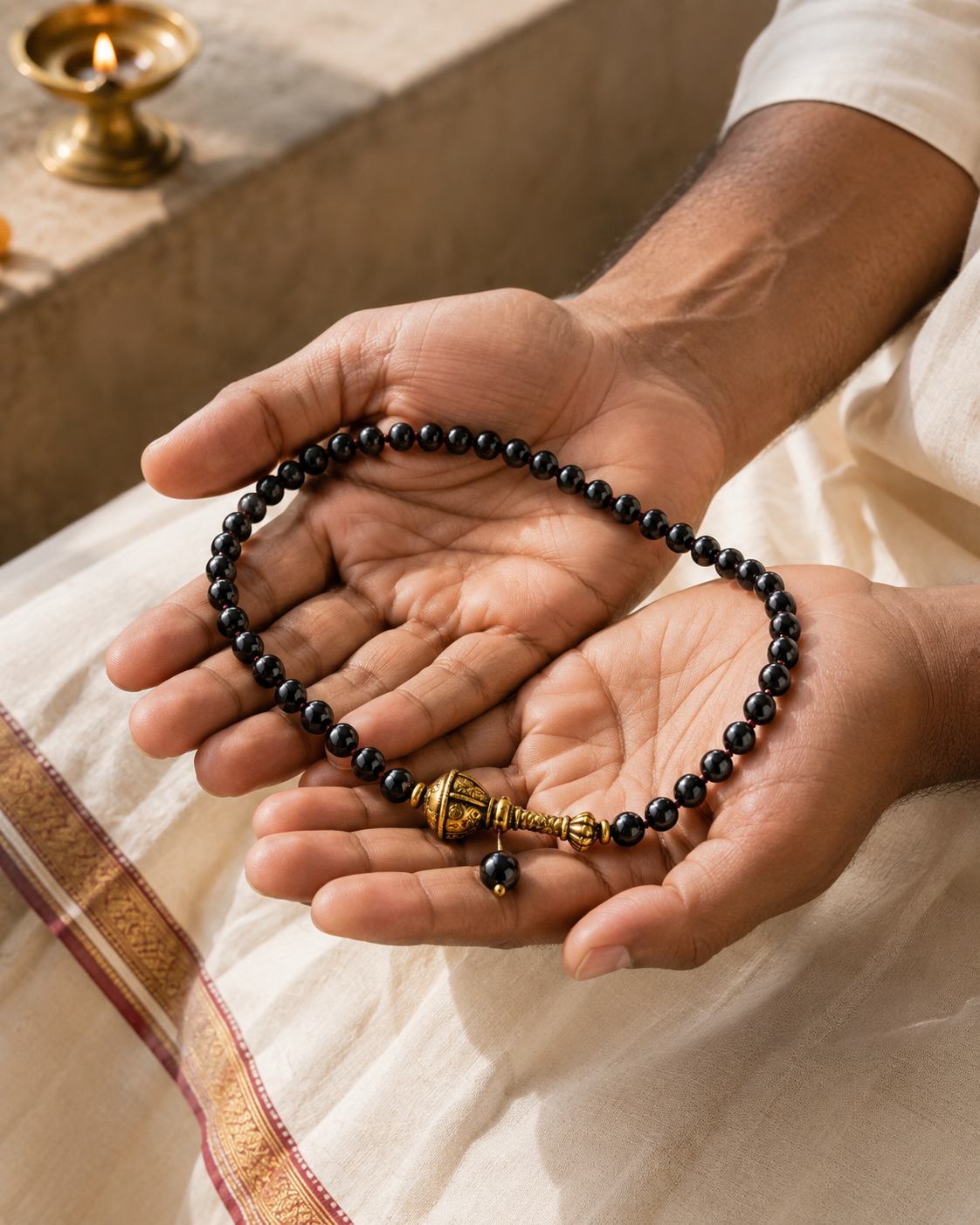 Hands holding a Bhakthination devotional mala
