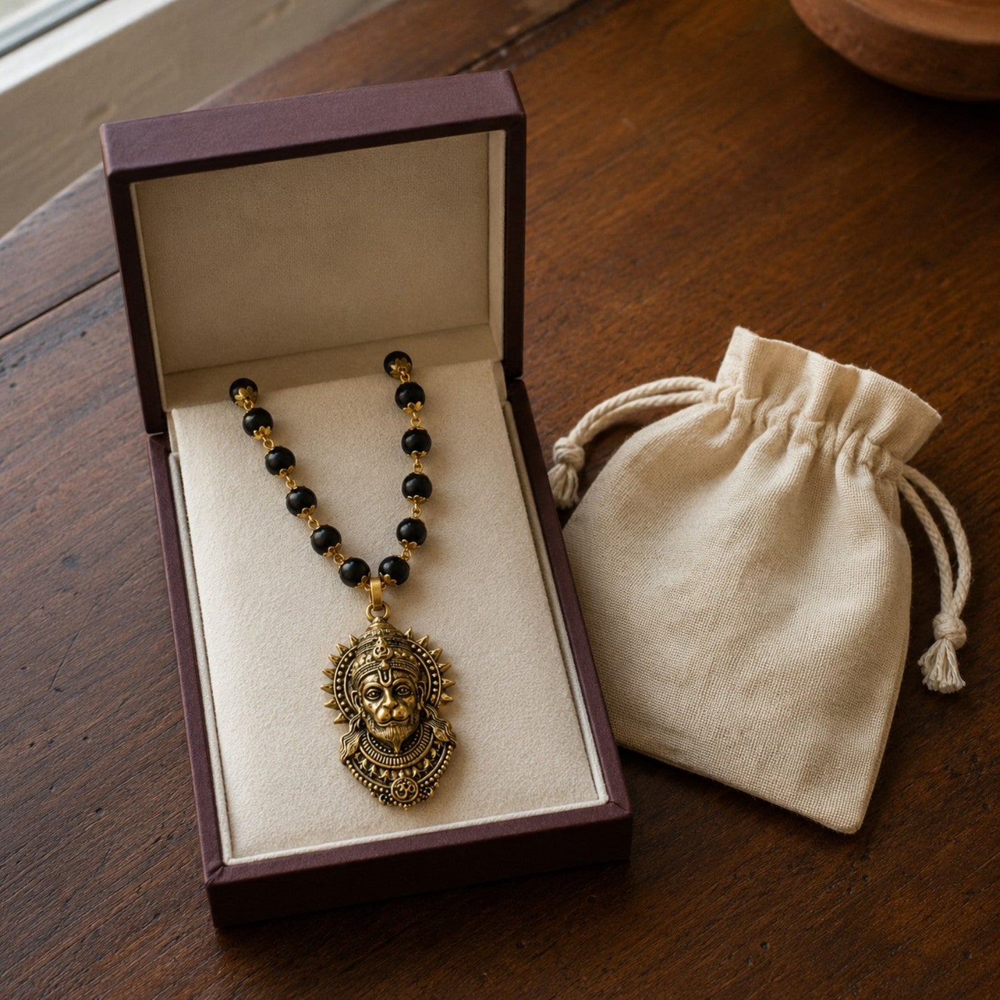 Gold Hanuman Karungali Mala gift box presentation