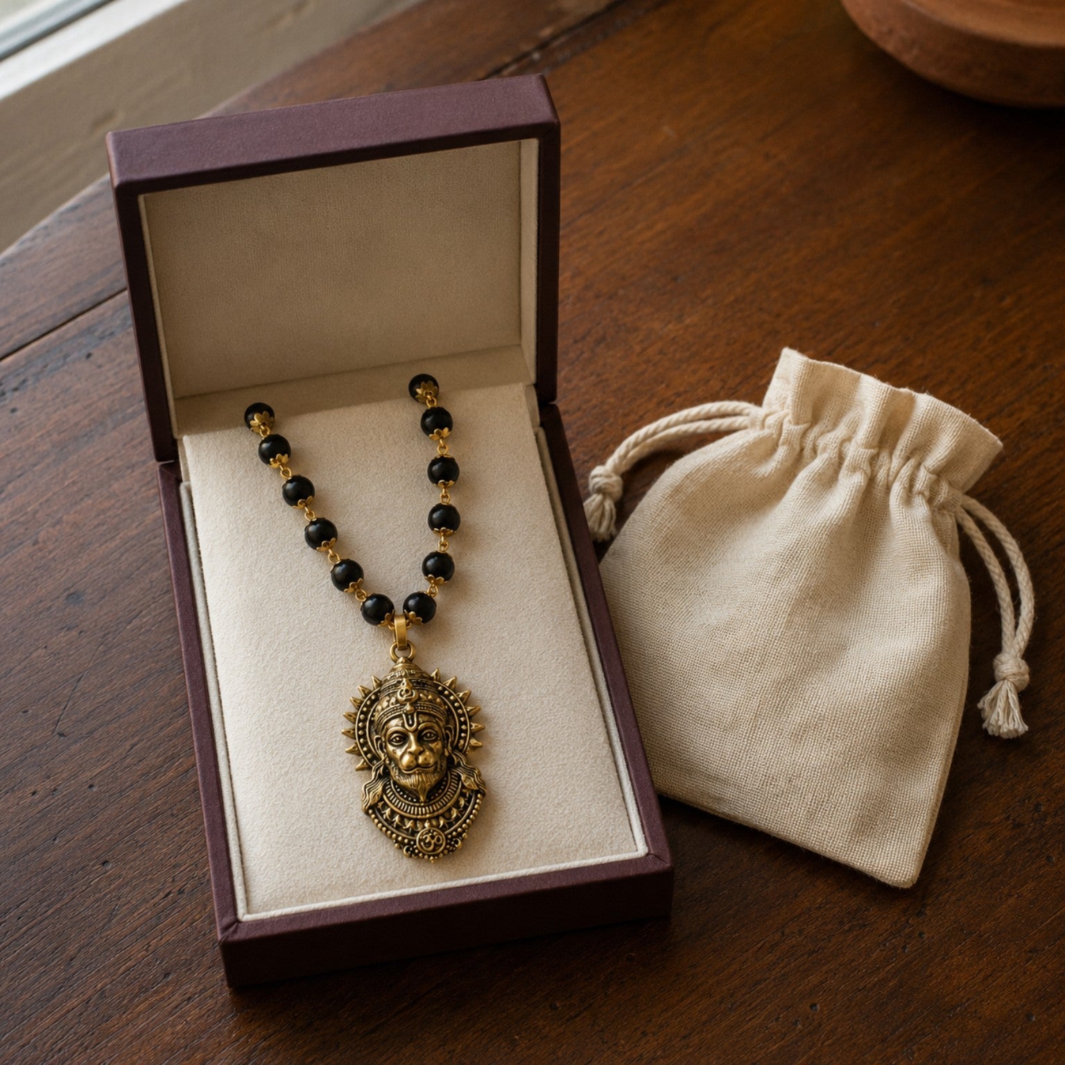 Gold Hanuman Karungali Mala gift box presentation