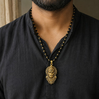 Gold Hanuman Karungali Mala worn by a model