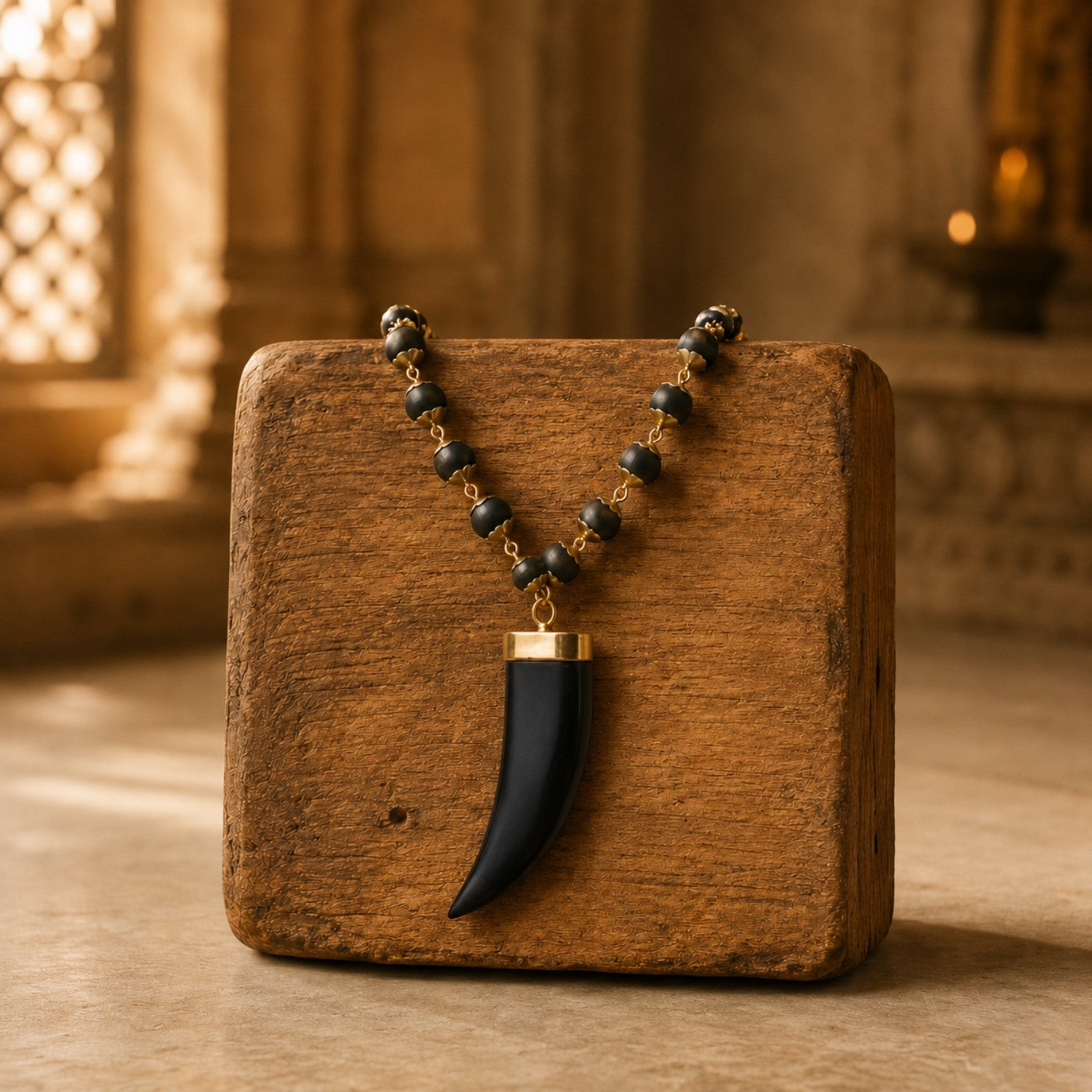 Gold Tiger Tooth Design Karungali Mala on wood