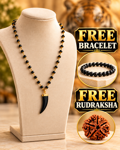Gold Tiger Tooth Design Karungali Mala + Free Bracelet + Rudraksha