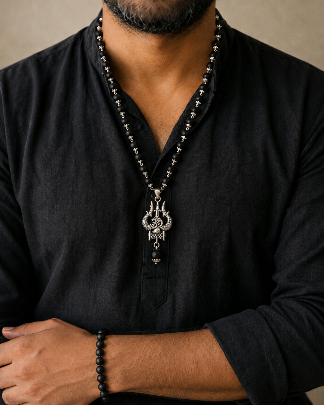 Silver Om Trishul Karungali Mala + Free Bracelet + Rudraksha