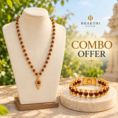 Premium Gold-Plated Rudraksha Kavach Mala + Rudraksha Bracelet Combo Offer