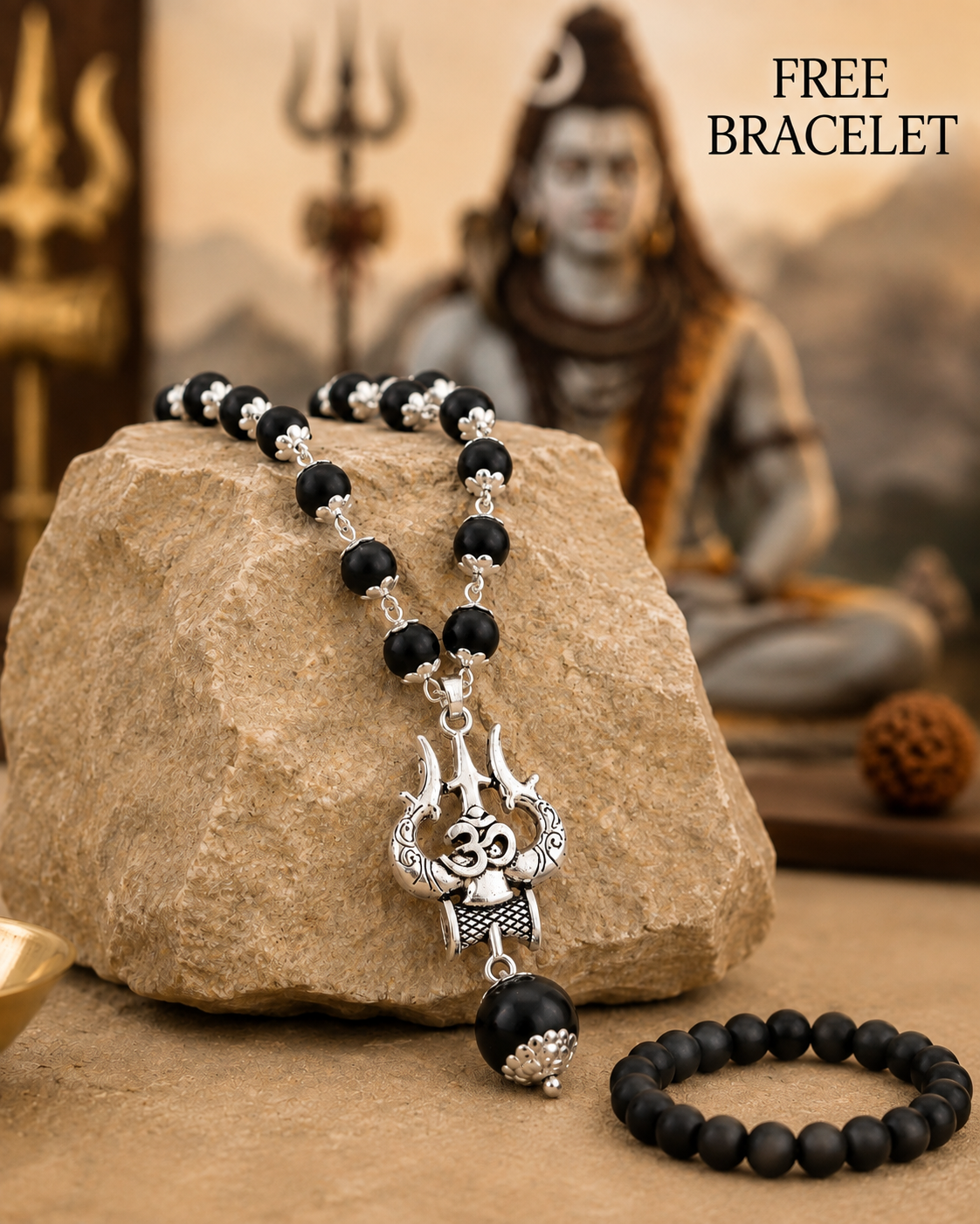 Silver Om Trishul Karungali Mala + Free Bracelet + Rudraksha