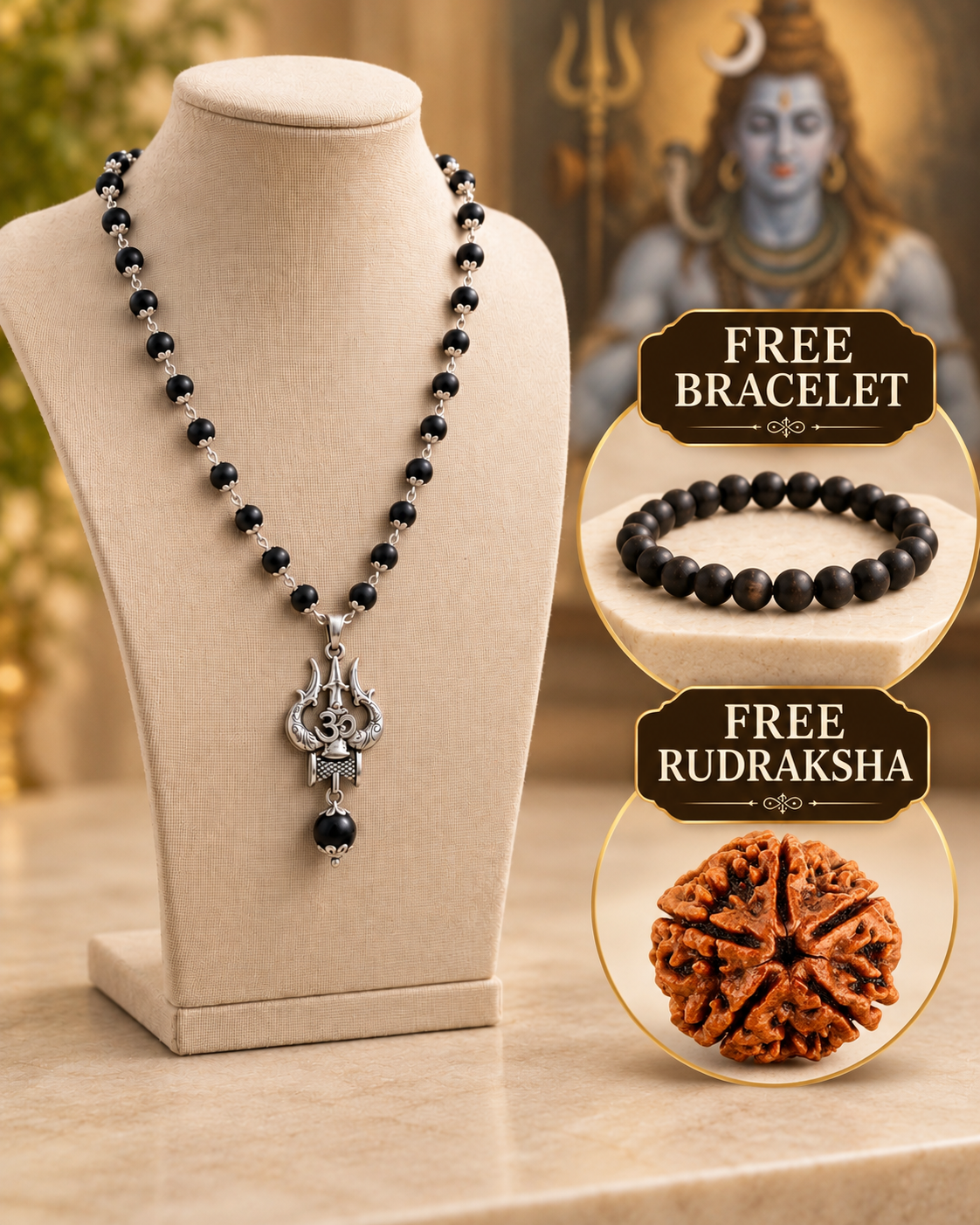 Silver Om Trishul Karungali Mala + Free Bracelet + Rudraksha