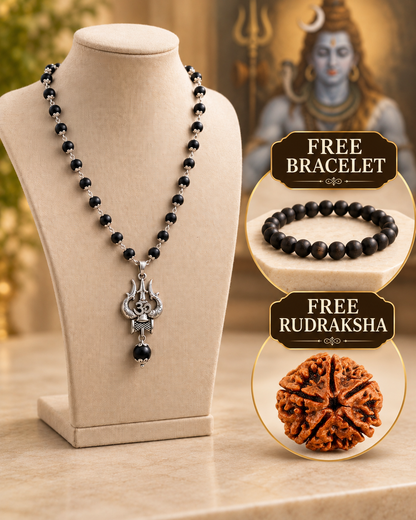 Silver Om Trishul Karungali Mala + Free Bracelet + Rudraksha
