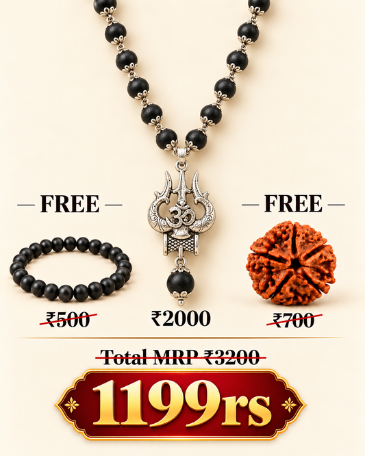Silver Om Trishul Karungali Mala + Free Bracelet + Rudraksha