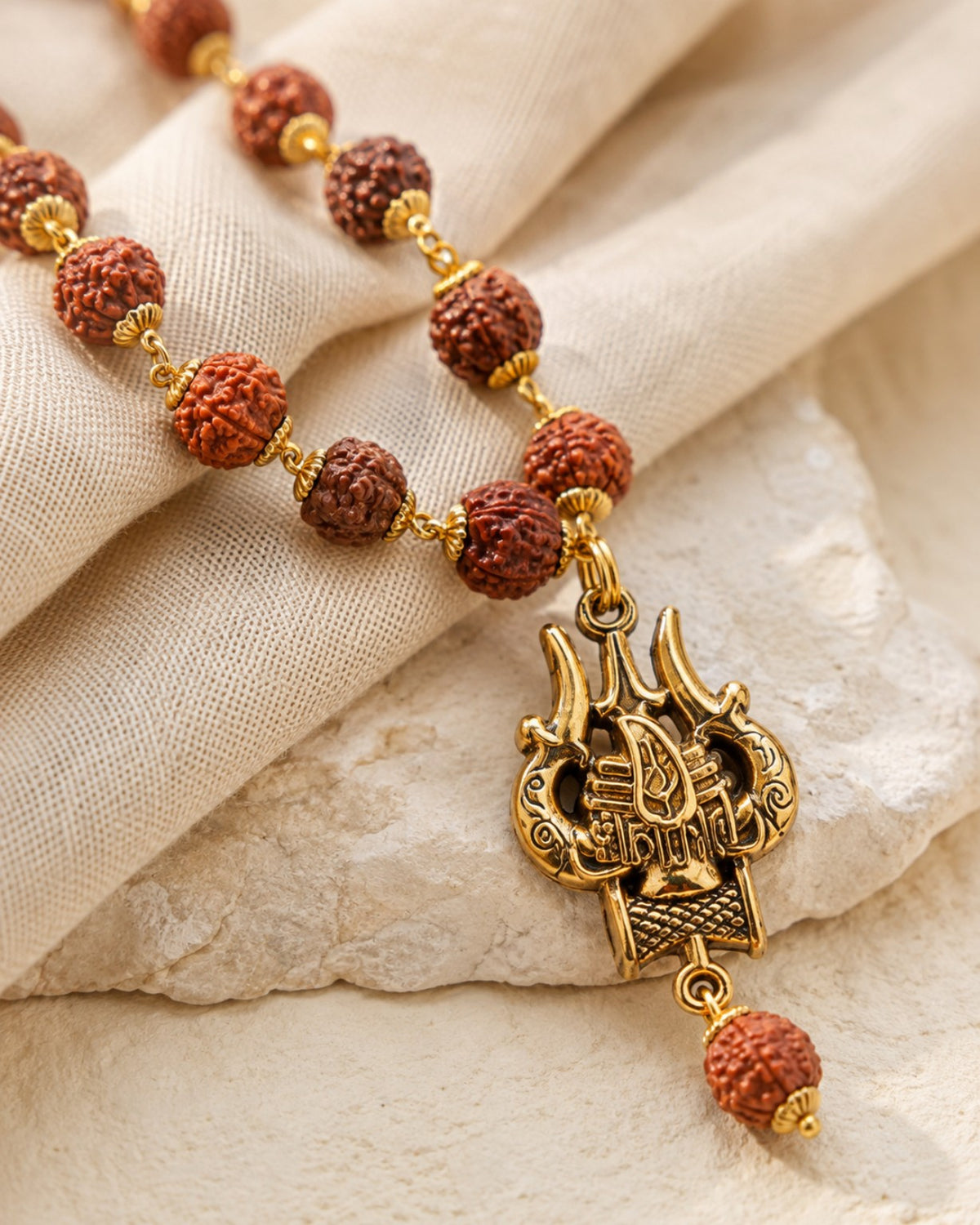 Close-up of Rudraksha Trishul pendant mala