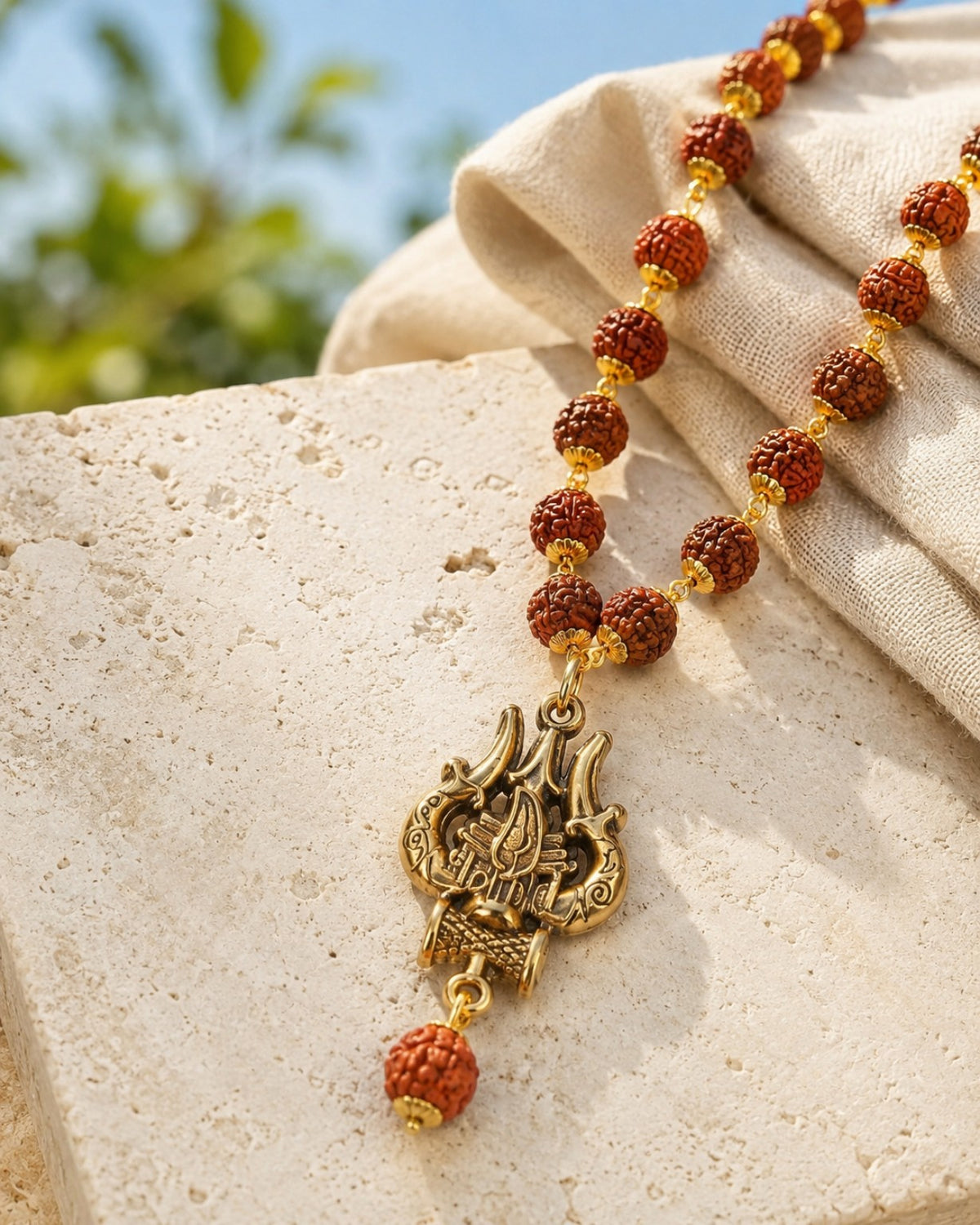 Rudraksha Trishul pendant mala outdoors