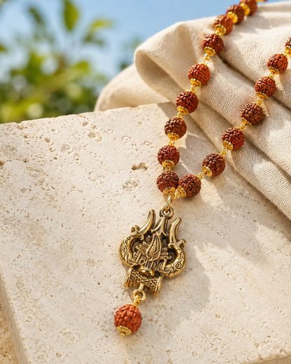 Rudraksha Trishul pendant mala outdoors
