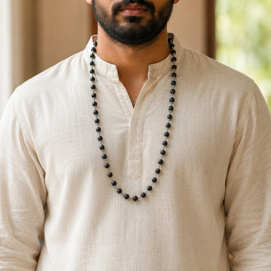 Silver-Finish Karungali Mala worn by a model