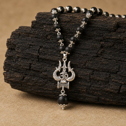 Silver Om Trishul Karungali Mala