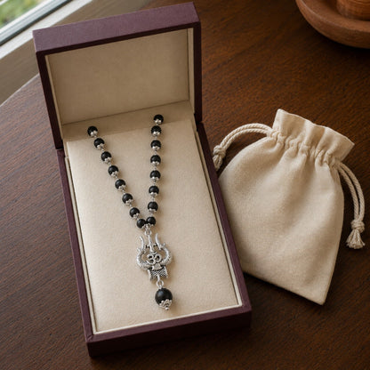 Silver Om Trishul Karungali Mala gift box presentation