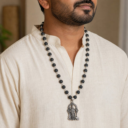 Silver Subramanya Karungali Mala worn by a model
